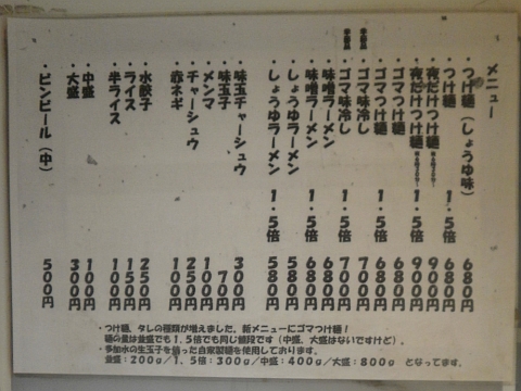 みの麺多の券売機上に掲げられたメニュー(価格)表